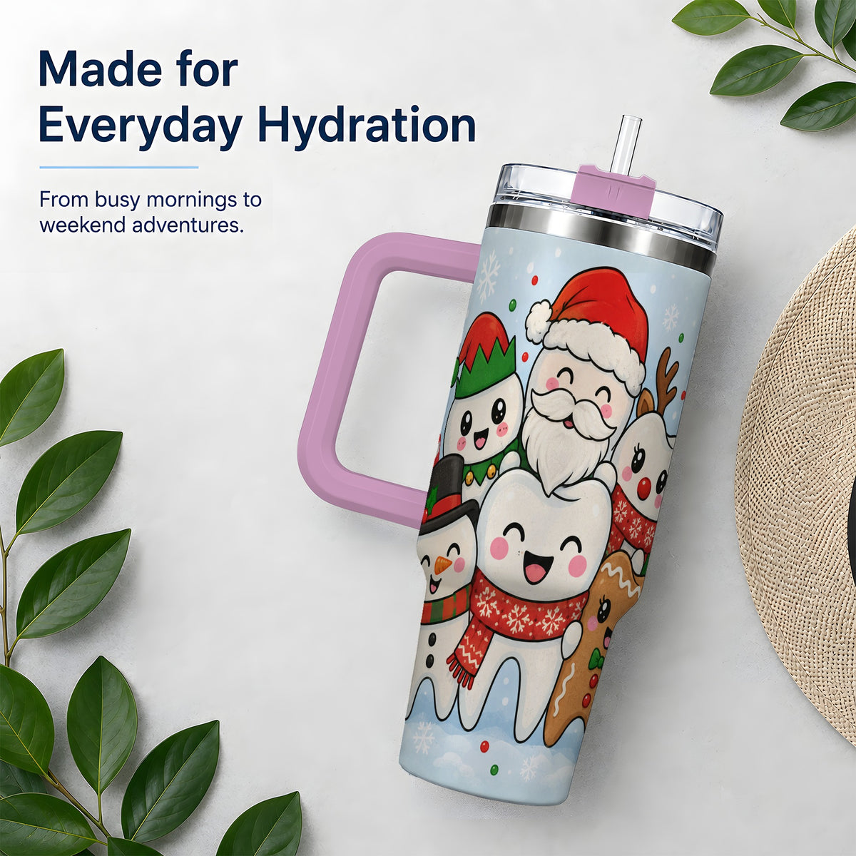 #pl[40oz|Pink] Cute Dental Christmas 40oz Tumbler, Tooth Character Holiday Artwork