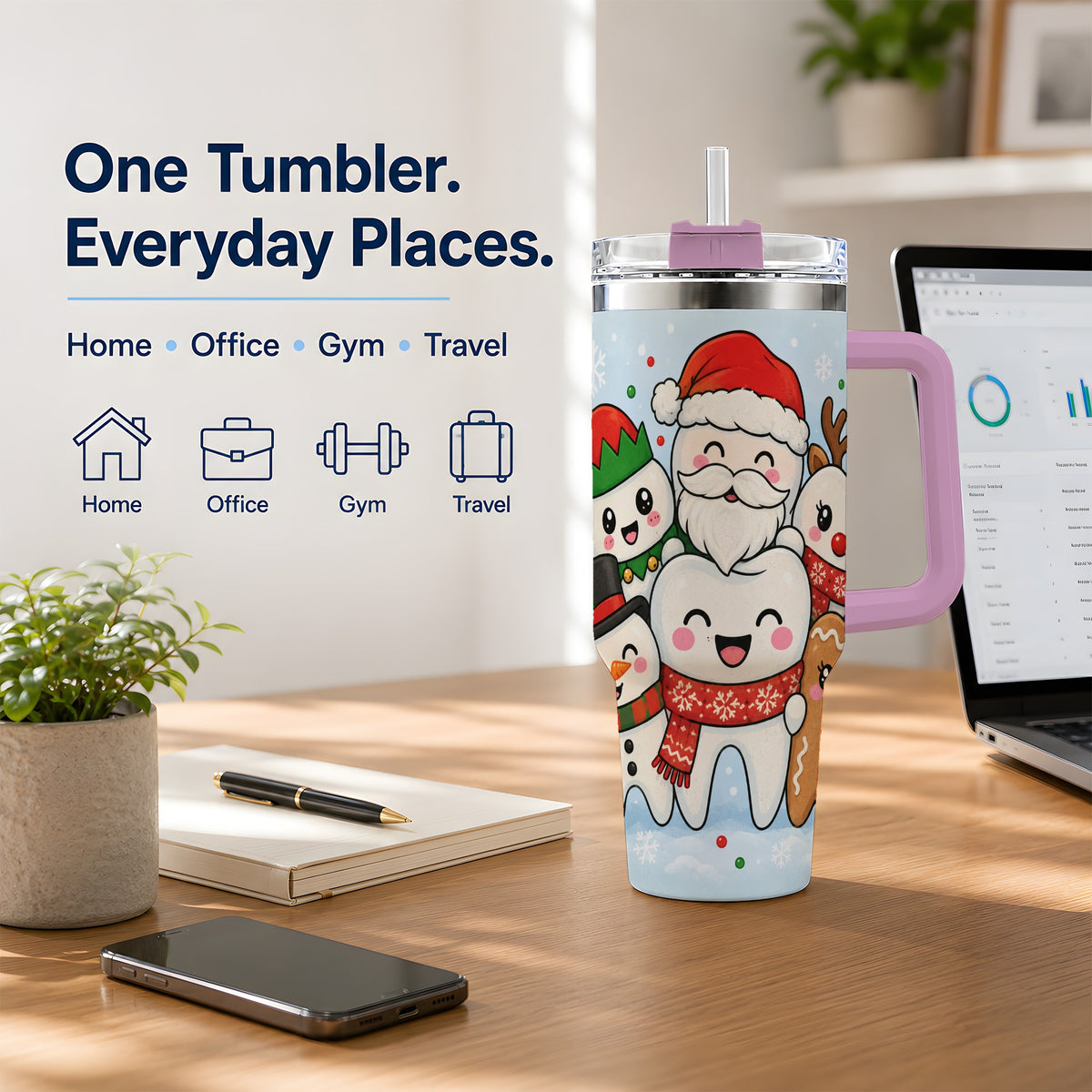 #pl[40oz|Pink] Cute Dental Christmas 40oz Tumbler, Tooth Character Holiday Artwork