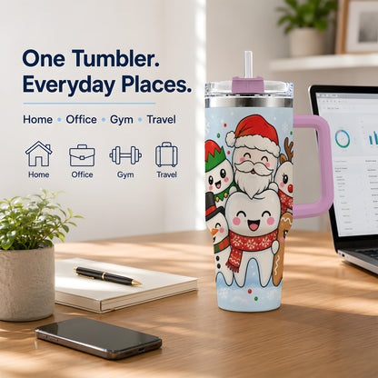 #pl[40oz|Pink] Cute Dental Christmas 40oz Tumbler, Tooth Character Holiday Artwork