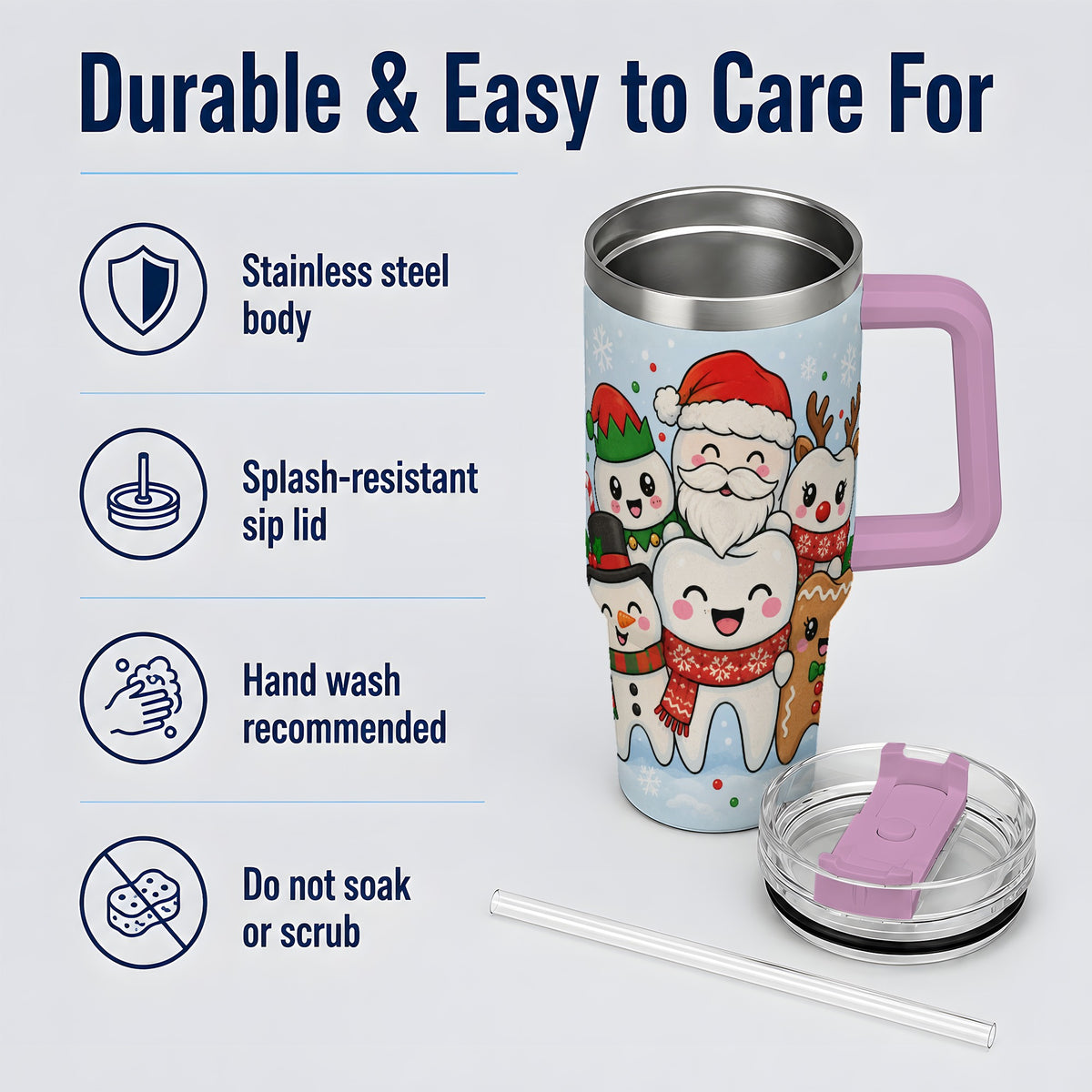#pl[40oz|Pink] Cute Dental Christmas 40oz Tumbler, Tooth Character Holiday Artwork