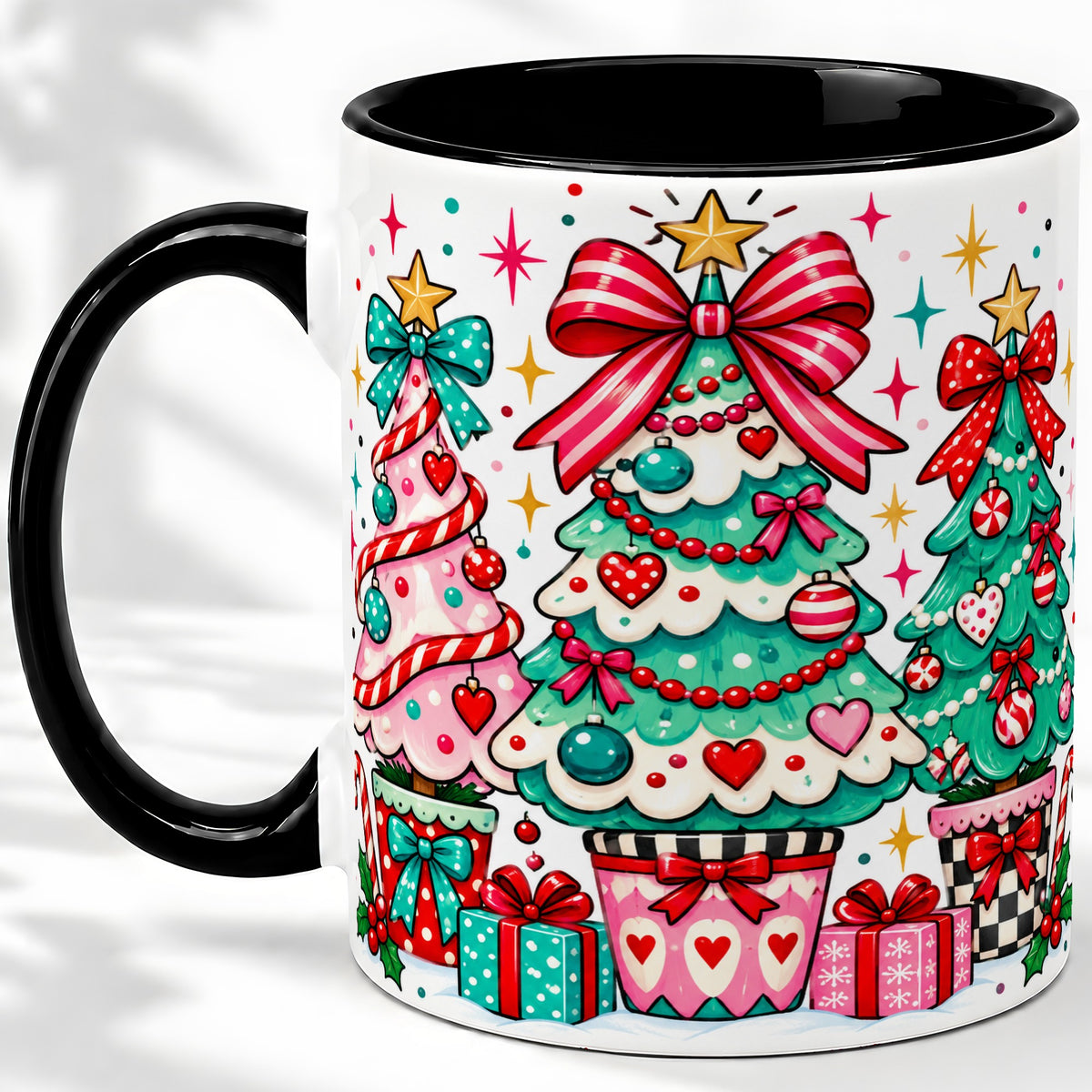 #pl[11oz|Black] Colorful Christmas Trees Accent Mug, Ceramic Coffee Cup