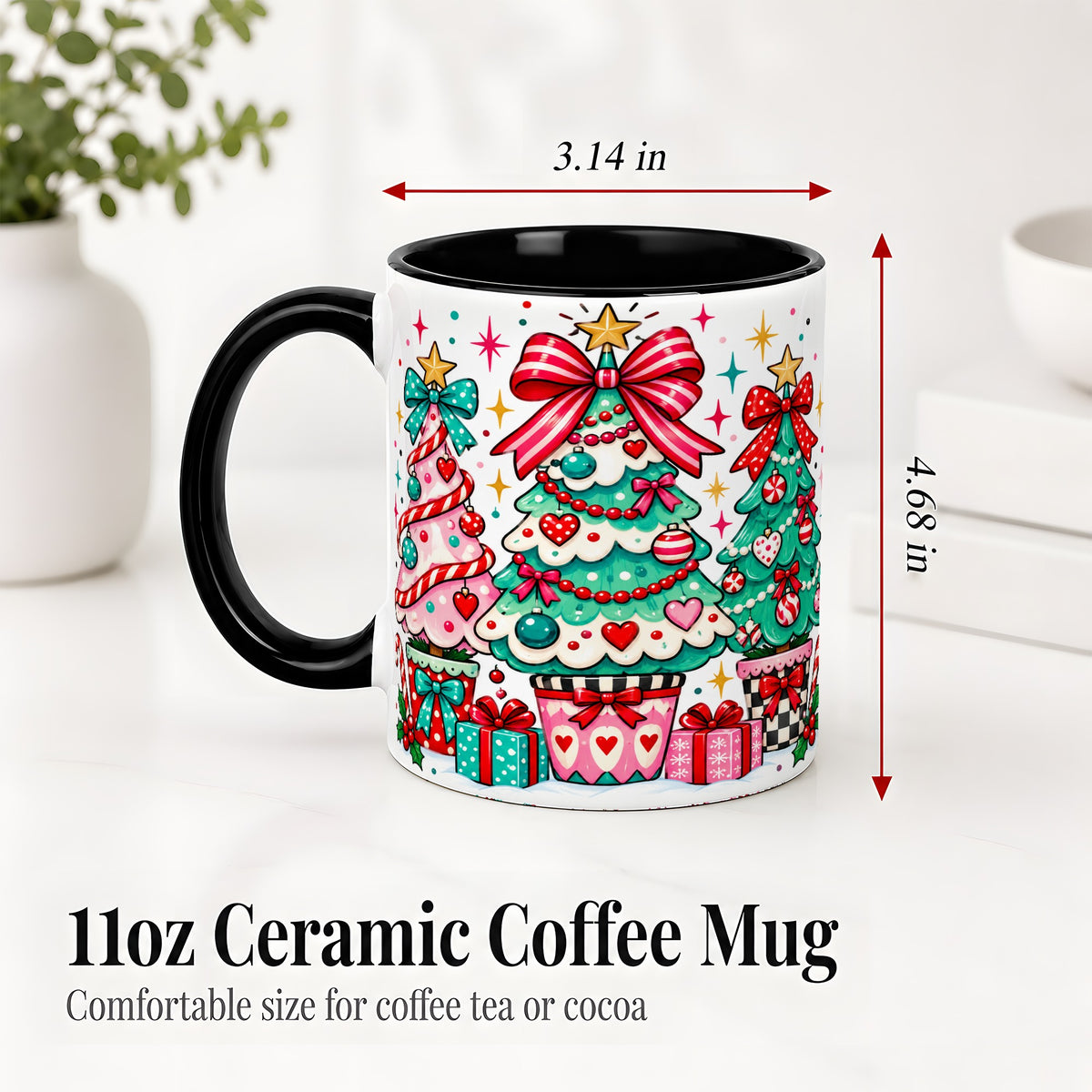 #pl[11oz|Black] Colorful Christmas Trees Accent Mug, Ceramic Coffee Cup