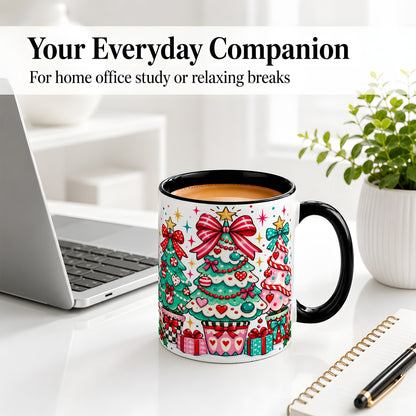 #pl[11oz|Black] Colorful Christmas Trees Accent Mug, Ceramic Coffee Cup