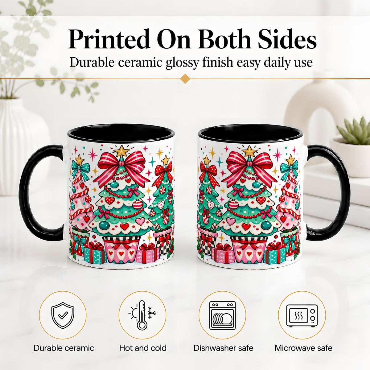 #pl[11oz|Black] Colorful Christmas Trees Accent Mug, Ceramic Coffee Cup
