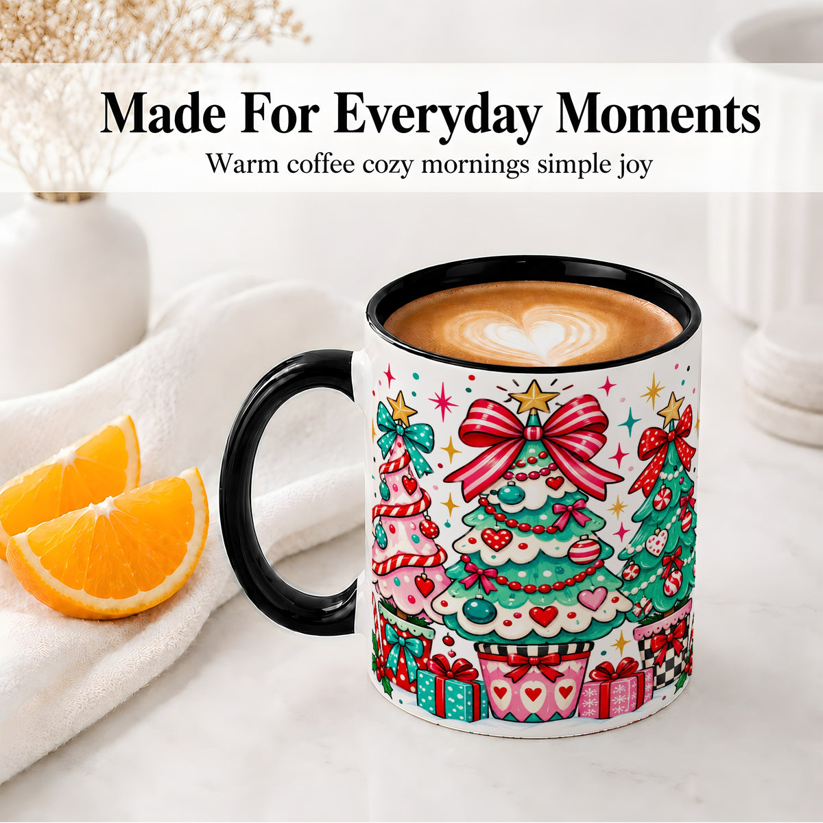 #pl[11oz|Black] Colorful Christmas Trees Accent Mug, Ceramic Coffee Cup