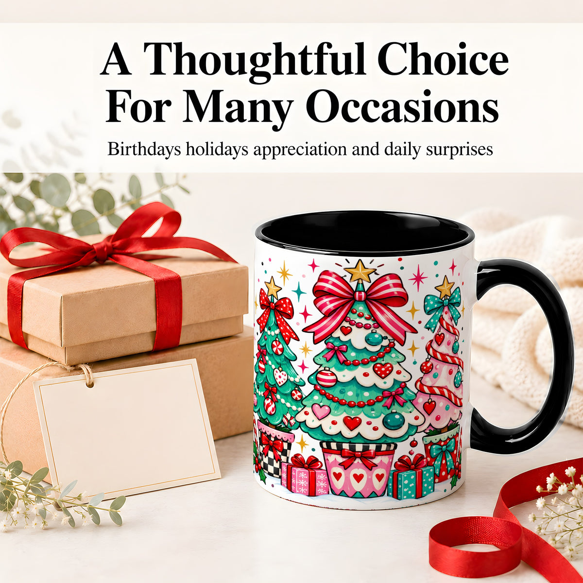 #pl[11oz|Black] Colorful Christmas Trees Accent Mug, Ceramic Coffee Cup