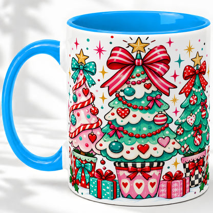#pl[11oz|Blue] Colorful Christmas Trees Accent Mug, Ceramic Coffee Cup