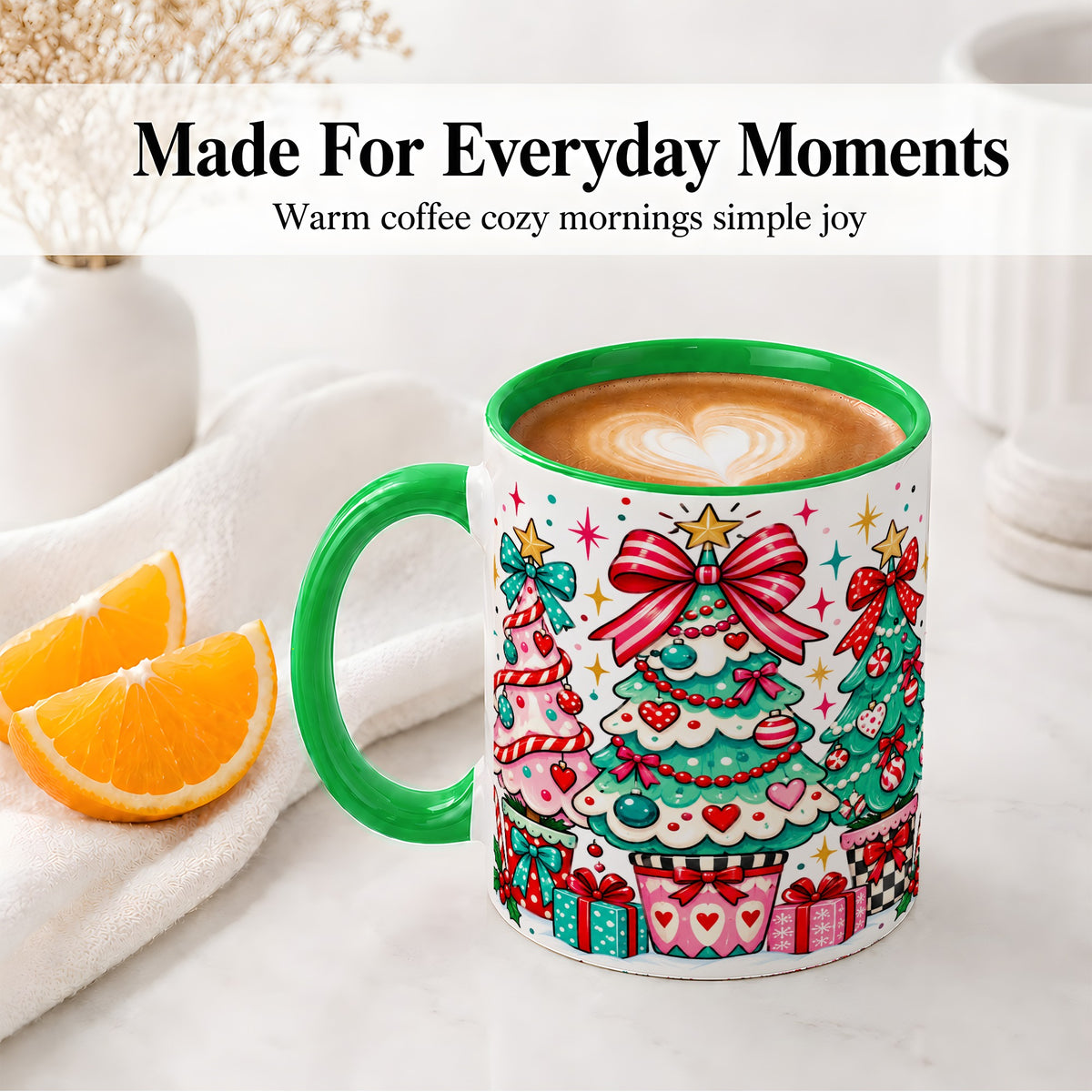 #pl[11oz|Green] Colorful Christmas Trees Accent Mug, Ceramic Coffee Cup