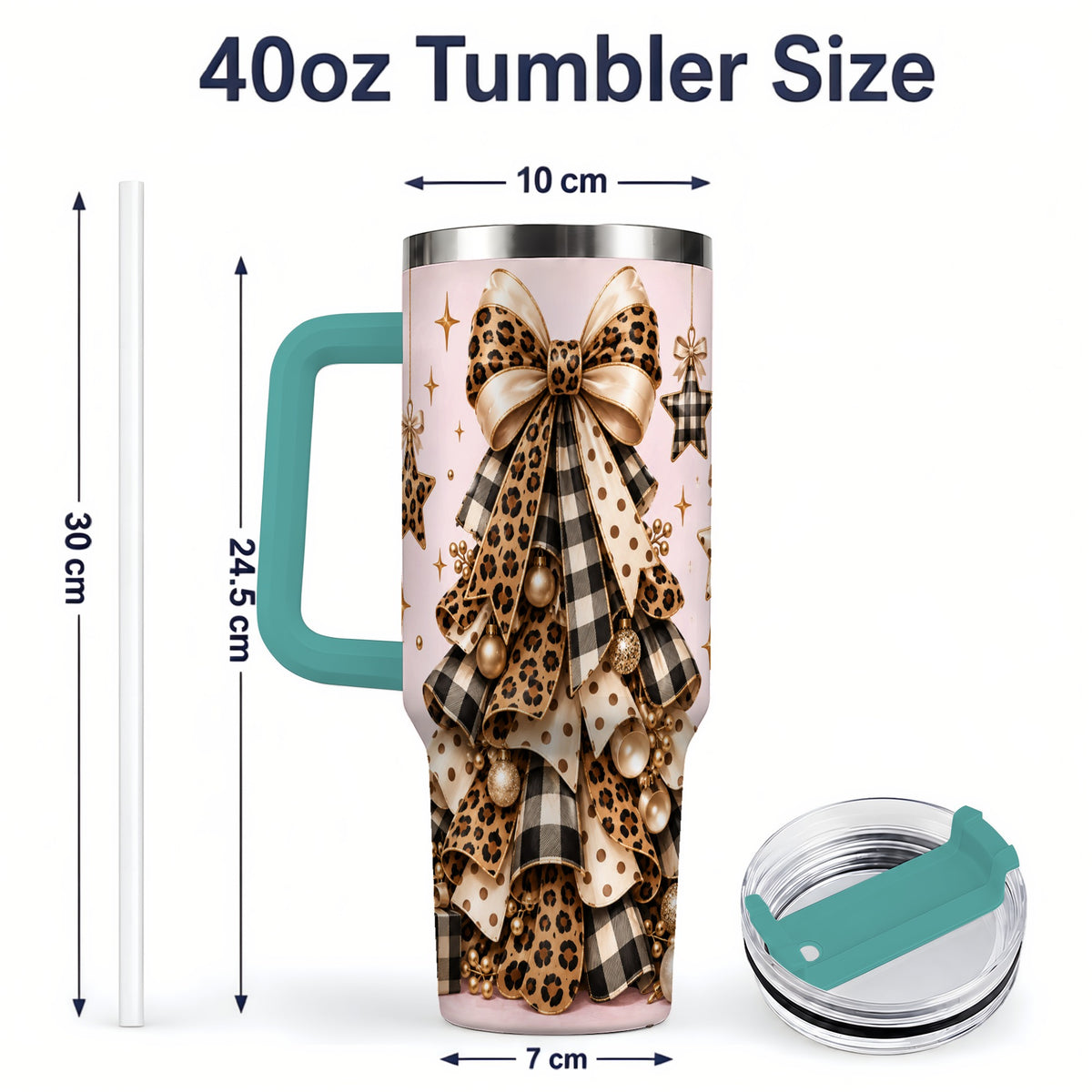 #pl[40oz|Green] Leopard Bow Christmas 40oz Tumbler, Festive Ribbon Tree Holiday Artwork