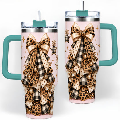 #pl[40oz|Green] Leopard Bow Christmas 40oz Tumbler, Festive Ribbon Tree Holiday Artwork