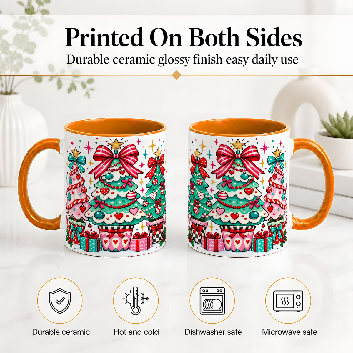#pl[11oz|Orange] Colorful Christmas Trees Accent Mug, Ceramic Coffee Cup