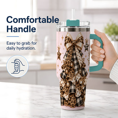 #pl[40oz|Green] Leopard Bow Christmas 40oz Tumbler, Festive Ribbon Tree Holiday Artwork