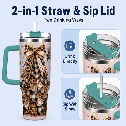 #pl[40oz|Green] Leopard Bow Christmas 40oz Tumbler, Festive Ribbon Tree Holiday Artwork