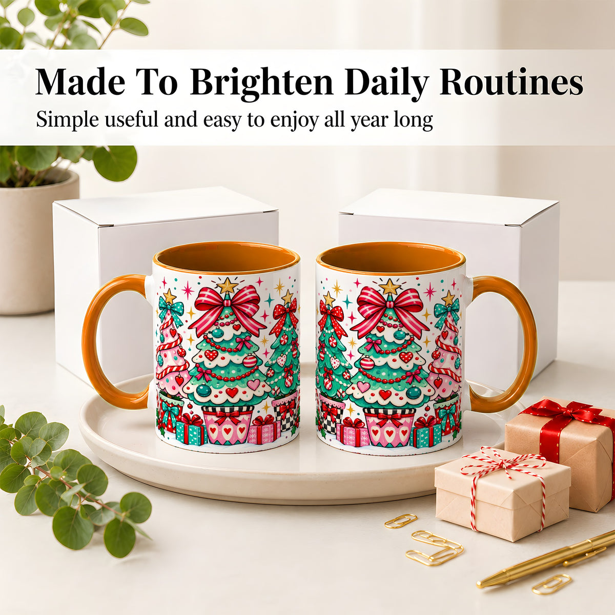 #pl[11oz|Orange] Colorful Christmas Trees Accent Mug, Ceramic Coffee Cup
