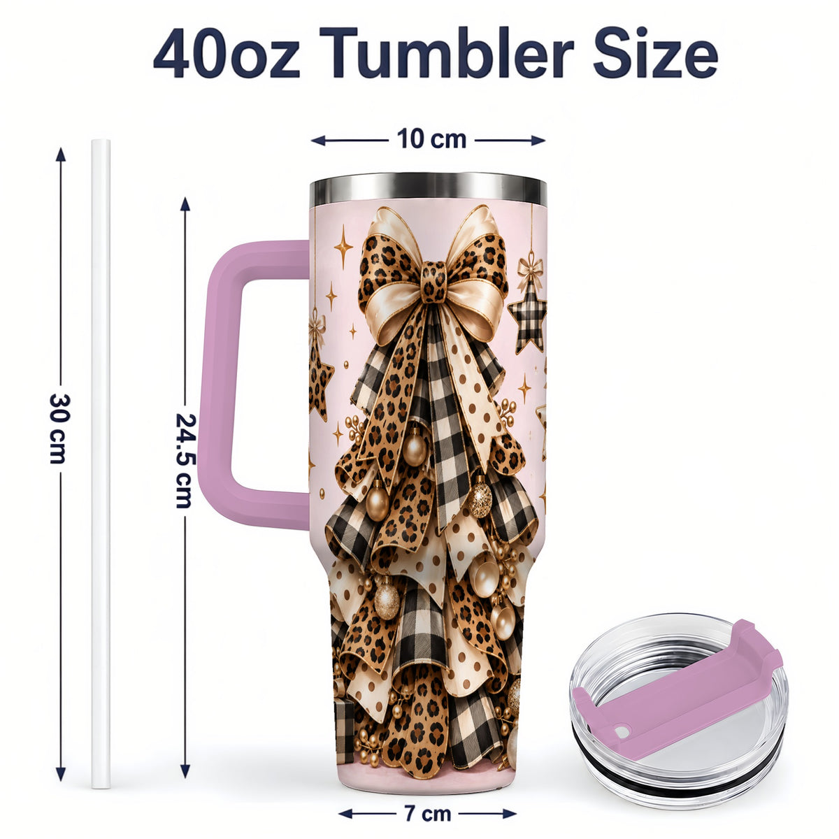 #pl[40oz|Pink] Leopard Bow Christmas 40oz Tumbler, Festive Ribbon Tree Holiday Artwork