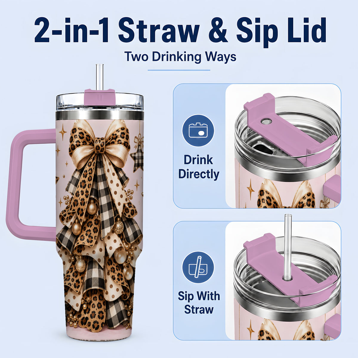 #pl[40oz|Pink] Leopard Bow Christmas 40oz Tumbler, Festive Ribbon Tree Holiday Artwork