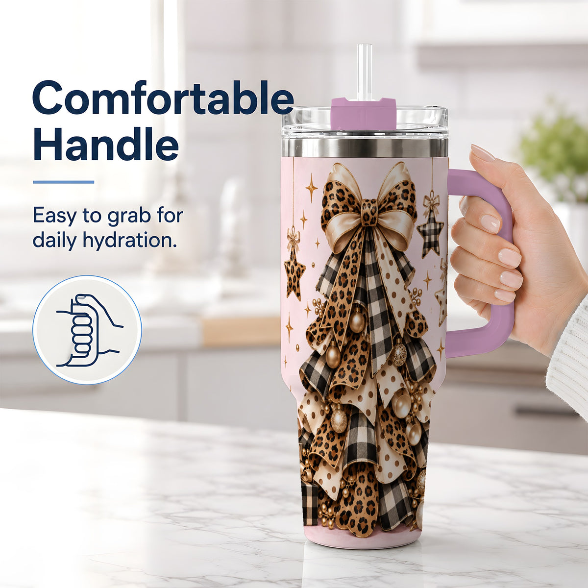#pl[40oz|Pink] Leopard Bow Christmas 40oz Tumbler, Festive Ribbon Tree Holiday Artwork