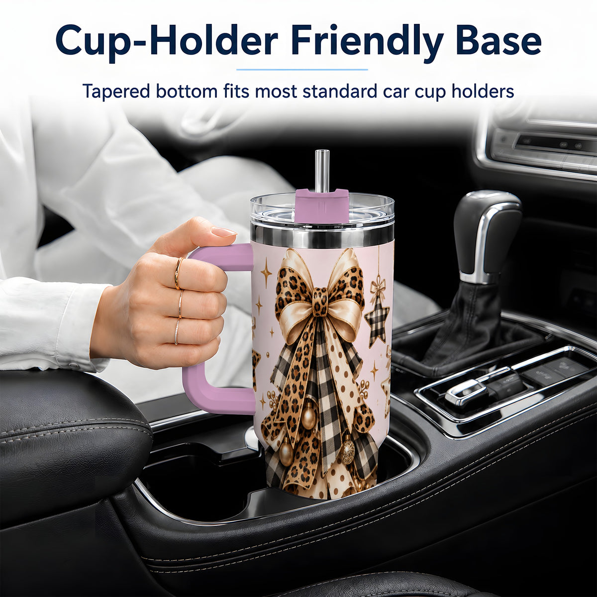 #pl[40oz|Pink] Leopard Bow Christmas 40oz Tumbler, Festive Ribbon Tree Holiday Artwork
