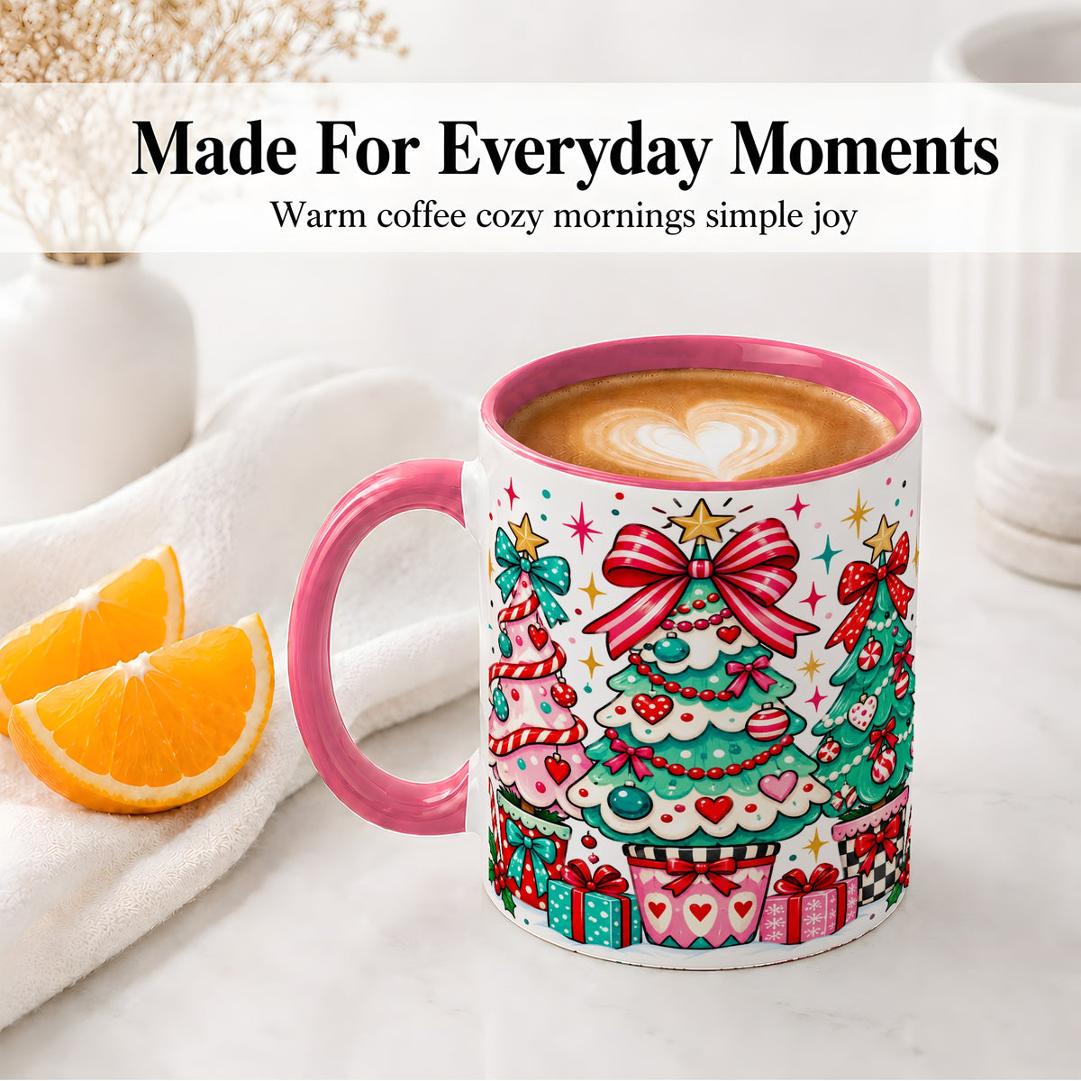 #pl[11oz|Pink] Colorful Christmas Trees Accent Mug, Ceramic Coffee Cup