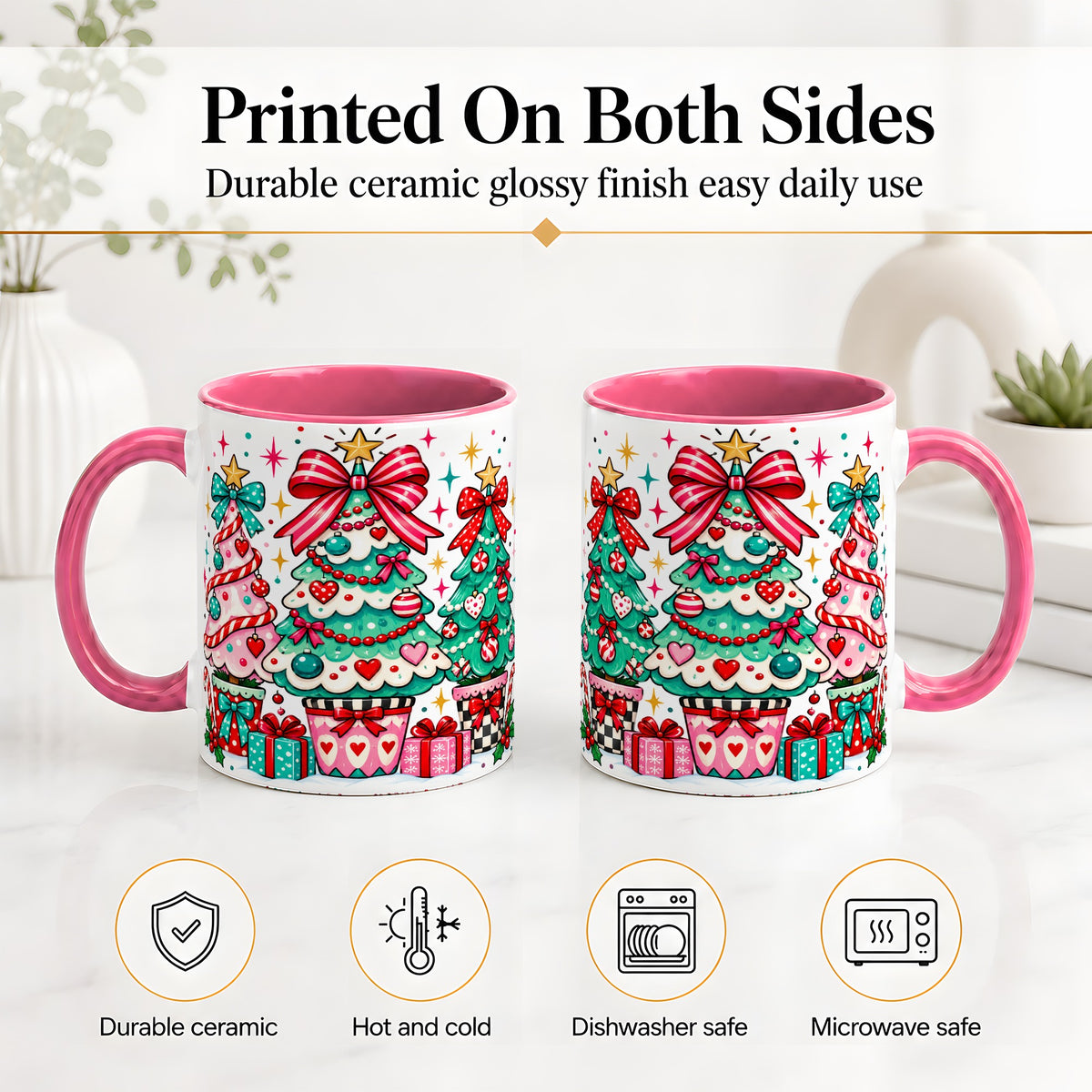 #pl[11oz|Pink] Colorful Christmas Trees Accent Mug, Ceramic Coffee Cup
