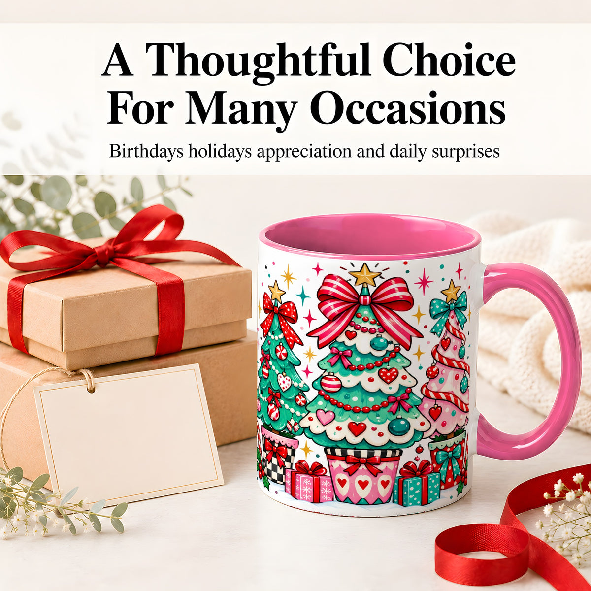 #pl[11oz|Pink] Colorful Christmas Trees Accent Mug, Ceramic Coffee Cup