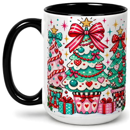 #pl[15oz|Black] Colorful Christmas Trees Accent Mug, Ceramic Coffee Cup