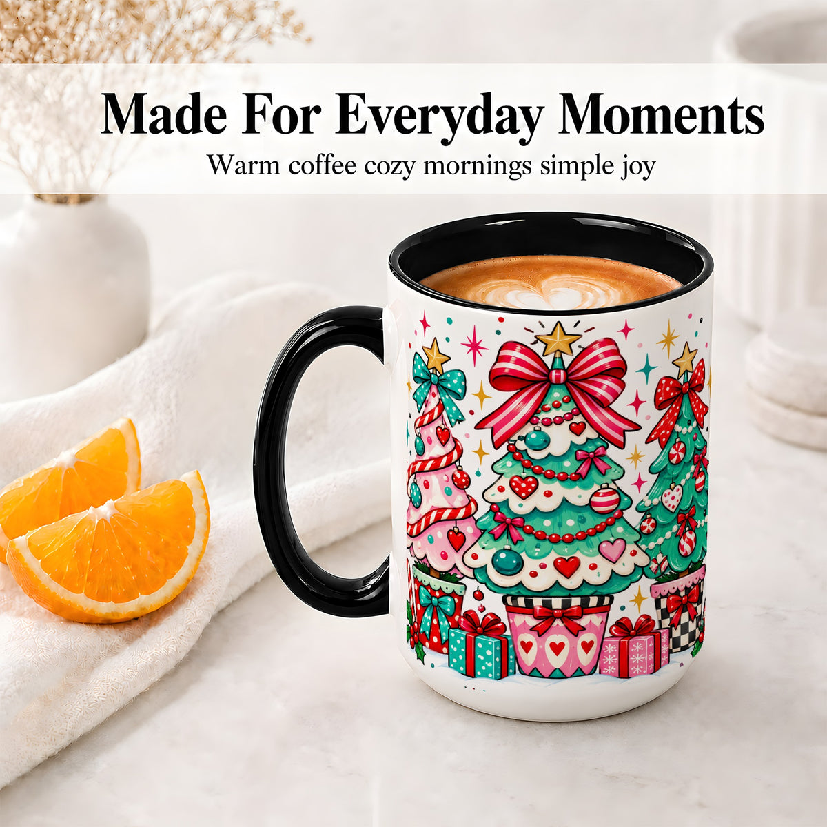 #pl[15oz|Black] Colorful Christmas Trees Accent Mug, Ceramic Coffee Cup