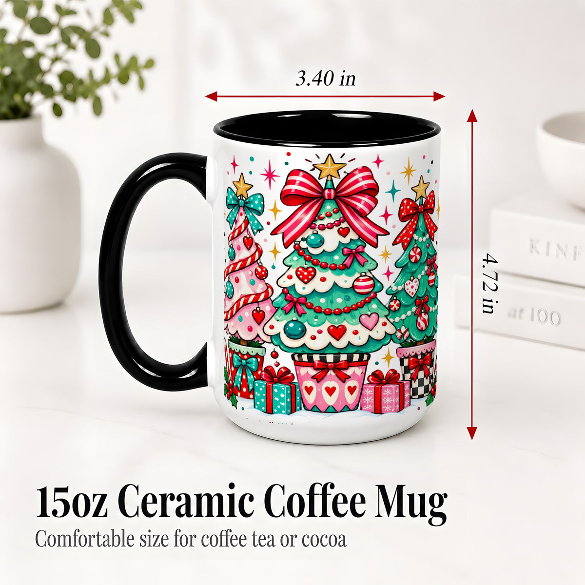 #pl[15oz|Black] Colorful Christmas Trees Accent Mug, Ceramic Coffee Cup