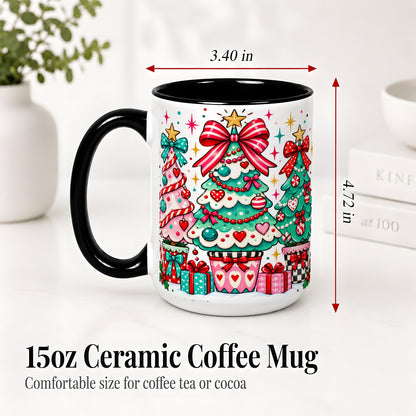#pl[15oz|Black] Colorful Christmas Trees Accent Mug, Ceramic Coffee Cup