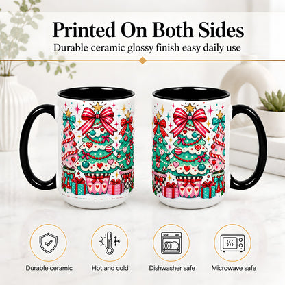 #pl[15oz|Black] Colorful Christmas Trees Accent Mug, Ceramic Coffee Cup