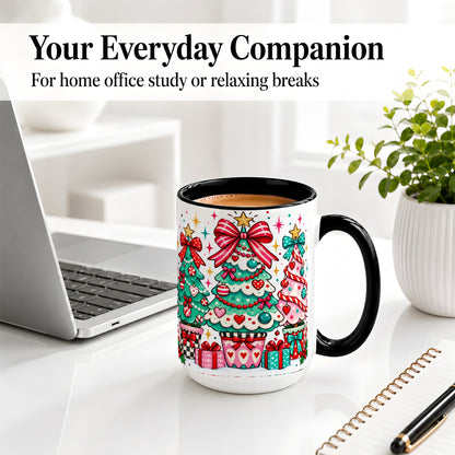 #pl[15oz|Black] Colorful Christmas Trees Accent Mug, Ceramic Coffee Cup