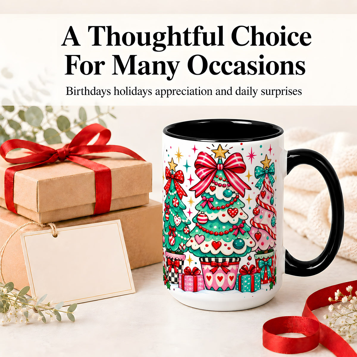 #pl[15oz|Black] Colorful Christmas Trees Accent Mug, Ceramic Coffee Cup