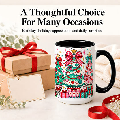 #pl[15oz|Black] Colorful Christmas Trees Accent Mug, Ceramic Coffee Cup