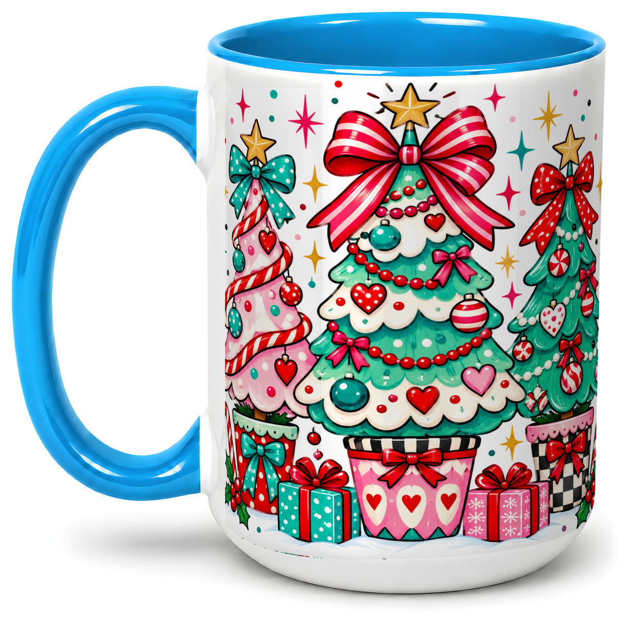 #pl[15oz|Blue] Colorful Christmas Trees Accent Mug, Ceramic Coffee Cup