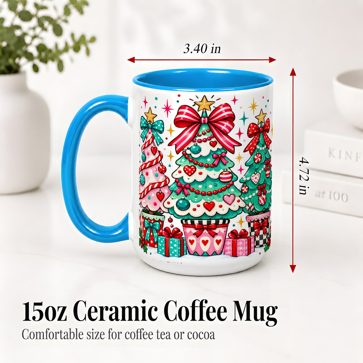 #pl[15oz|Blue] Colorful Christmas Trees Accent Mug, Ceramic Coffee Cup