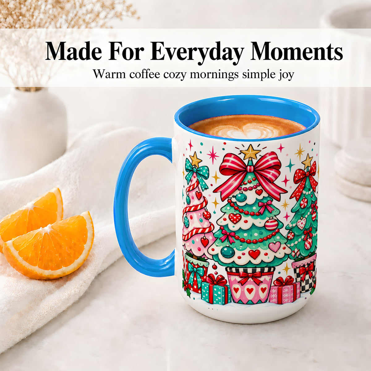 #pl[15oz|Blue] Colorful Christmas Trees Accent Mug, Ceramic Coffee Cup