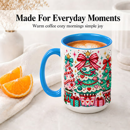 #pl[15oz|Blue] Colorful Christmas Trees Accent Mug, Ceramic Coffee Cup
