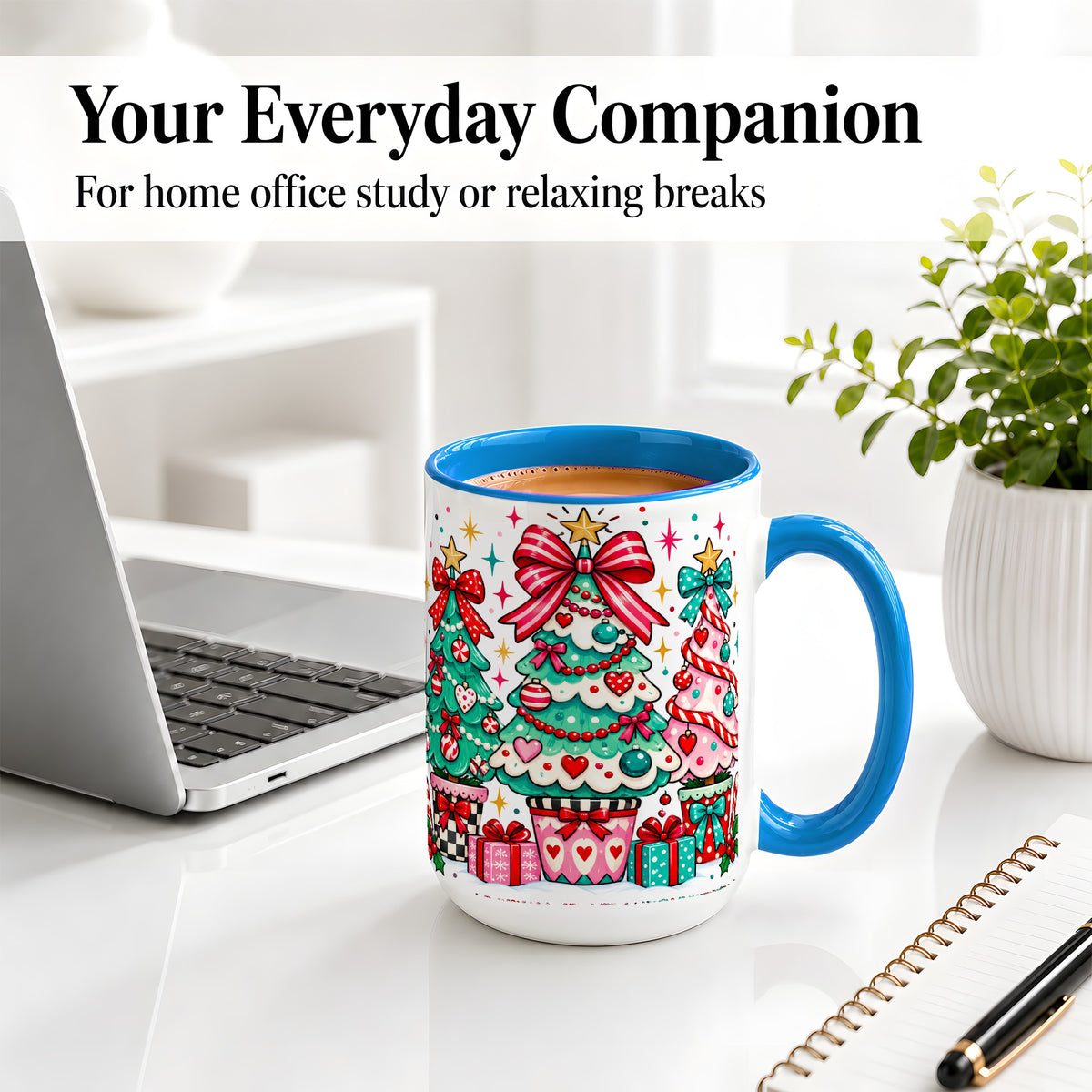 #pl[15oz|Blue] Colorful Christmas Trees Accent Mug, Ceramic Coffee Cup