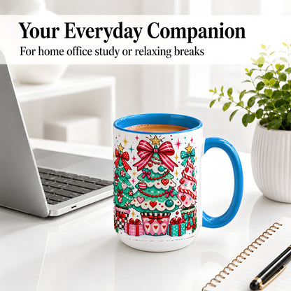 #pl[15oz|Blue] Colorful Christmas Trees Accent Mug, Ceramic Coffee Cup