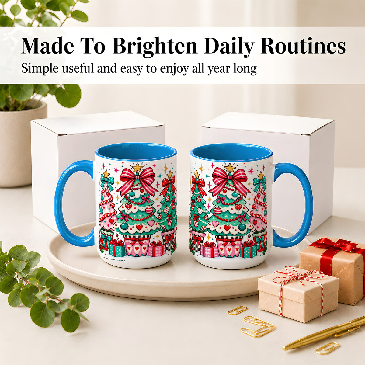 #pl[15oz|Blue] Colorful Christmas Trees Accent Mug, Ceramic Coffee Cup