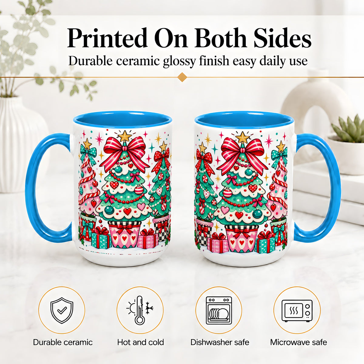 #pl[15oz|Blue] Colorful Christmas Trees Accent Mug, Ceramic Coffee Cup