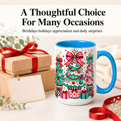 #pl[15oz|Blue] Colorful Christmas Trees Accent Mug, Ceramic Coffee Cup