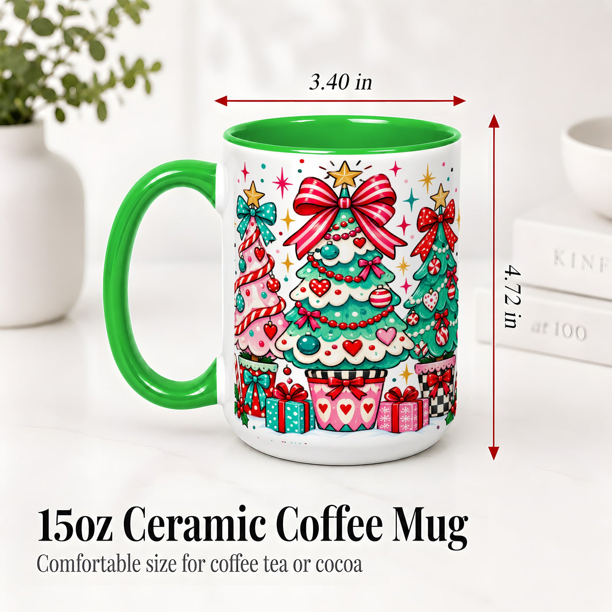 #pl[15oz|Green] Colorful Christmas Trees Accent Mug, Ceramic Coffee Cup