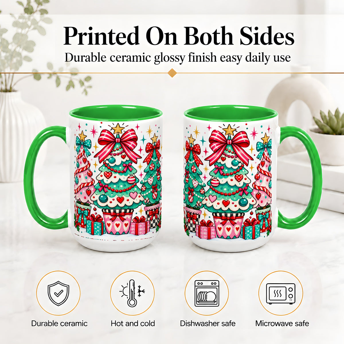 #pl[15oz|Green] Colorful Christmas Trees Accent Mug, Ceramic Coffee Cup