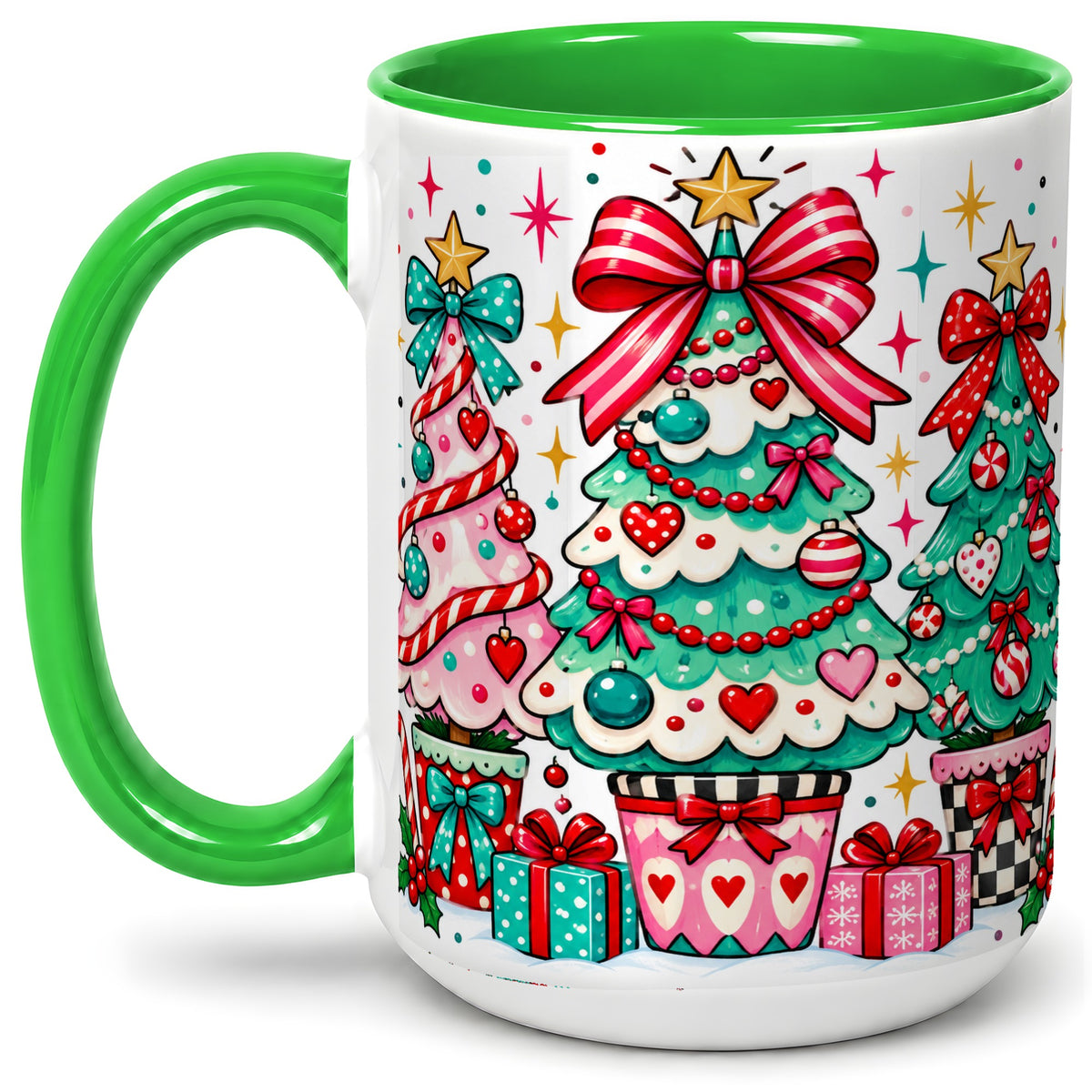#pl[15oz|Green] Colorful Christmas Trees Accent Mug, Ceramic Coffee Cup
