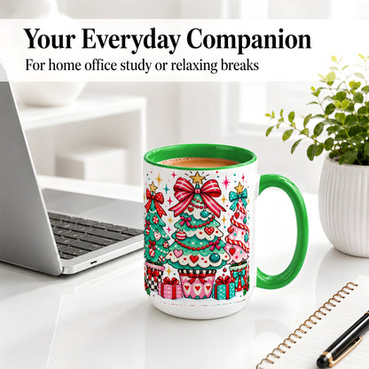 #pl[15oz|Green] Colorful Christmas Trees Accent Mug, Ceramic Coffee Cup