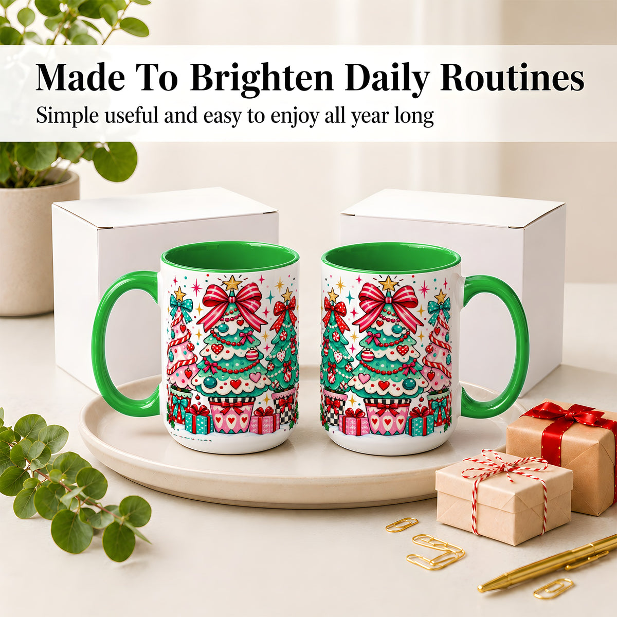 #pl[15oz|Green] Colorful Christmas Trees Accent Mug, Ceramic Coffee Cup