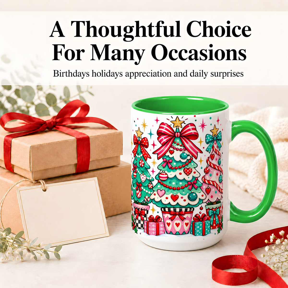 #pl[15oz|Green] Colorful Christmas Trees Accent Mug, Ceramic Coffee Cup