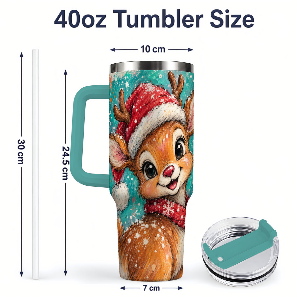 #pl[40oz|Green] Cute Christmas Reindeer 40oz Tumbler, Festive Santa Hat Winter Artwork