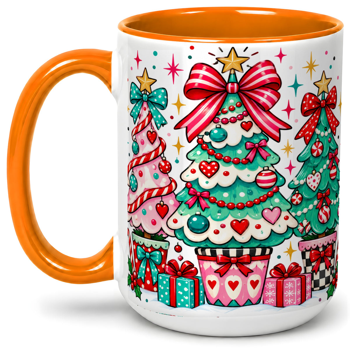 #pl[15oz|Orange] Colorful Christmas Trees Accent Mug, Ceramic Coffee Cup